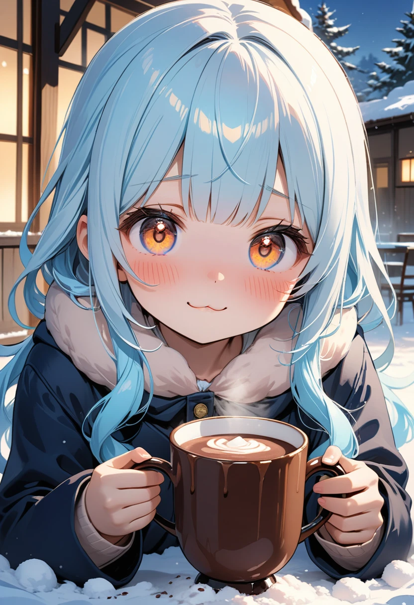 masterpiece, best quality, extremely detailed, (illustration, official art:1.1),adorable loli face、 1 girl ,(((( light blue long hair)))),pale blue hair,loli, long hair ((blush)) , cute face, big eyes, masterpiece, best quality,(((((a very delicate and beautiful girl))))),Amazing,beautiful detailed eyes,blunt bangs((((little delicate girl)))),tareme(true beautiful:1.2), sense of depth,dynamic angle,,,, affectionate smile, (true beautiful:1.2),,(tiny 1girl model:1.2),)flat chest、1girl, , indoors, :3 mount, embarrassed, beautiful eyes, beautiful lips, shiny lips, extremely detailed eyes and face, long eyelashes, close-up, warm lighting, vibrant colors, looking at the viewer, embarrassed look, blush, winter clothes, having a hot drink, in a snowy place outdoors 、full body、Hold the cup with both hands
,(((cocoa,Drinking cocoa))),