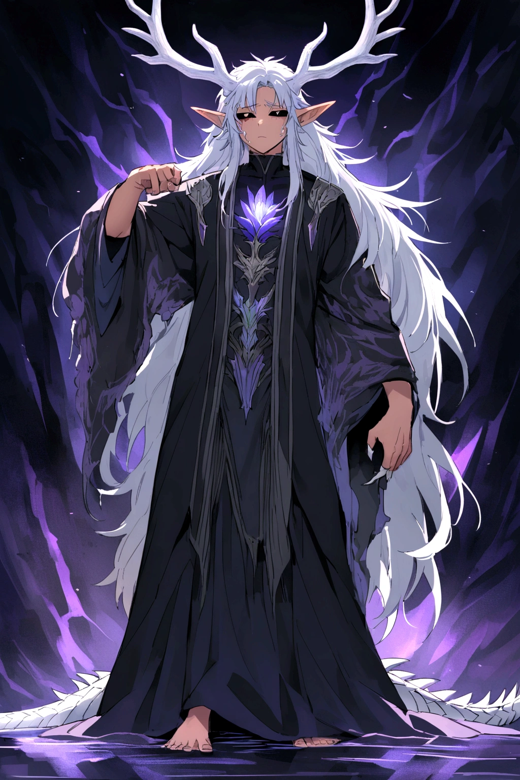 Solo, male teen, Character fusion: Nibelung fused with nidhoggr, odin and sun wukong, tall tanned man with wild unruly white hair, bangs on face, bangs, ((iridescent irises)), black sclera on eyes, long voluminous hair, spiky hair, pointy ears, fit , clawed fingers, dragon tail, open haori, turtleneck tanktop, dark crystal antlers, exhausted expression, khaenr'ah abyss, draconic person, calamity incarnate, full body