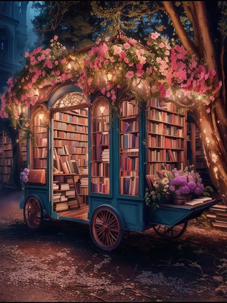 a small book cart with a book shelf and flowers on the back, very magical and dreamy, books all over the place, books and flowers, storybook style, romantic storybook fantasy, beautiful aesthetic, beautiful lit, dreamy aesthetic, magic library, fantasy aesthetic!, enchanted dreams. instagram, story telling aesthetic, an overgrown library, beautiful and aesthetic, small library