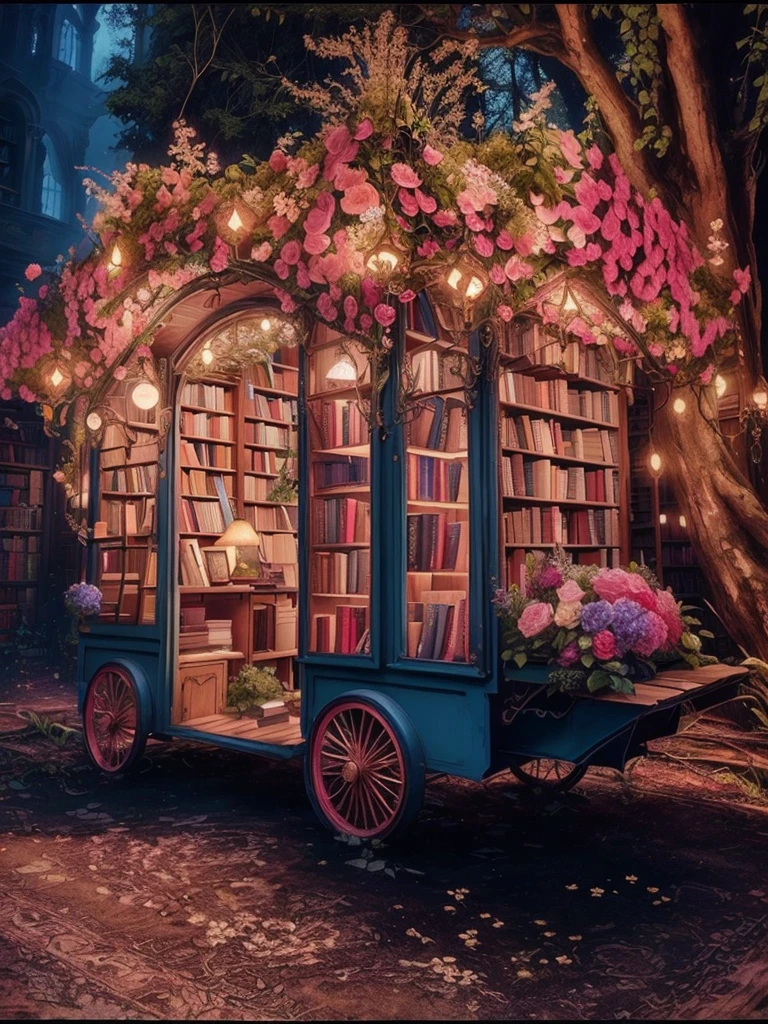 a small book cart with a book shelf and flowers on the back, very magical and dreamy, books all over the place, books and flowers, storybook style, romantic storybook fantasy, beautiful aesthetic, beautiful lit, dreamy aesthetic, magic library, fantasy aesthetic!, enchanted dreams. instagram, story telling aesthetic, an overgrown library, beautiful and aesthetic, small library