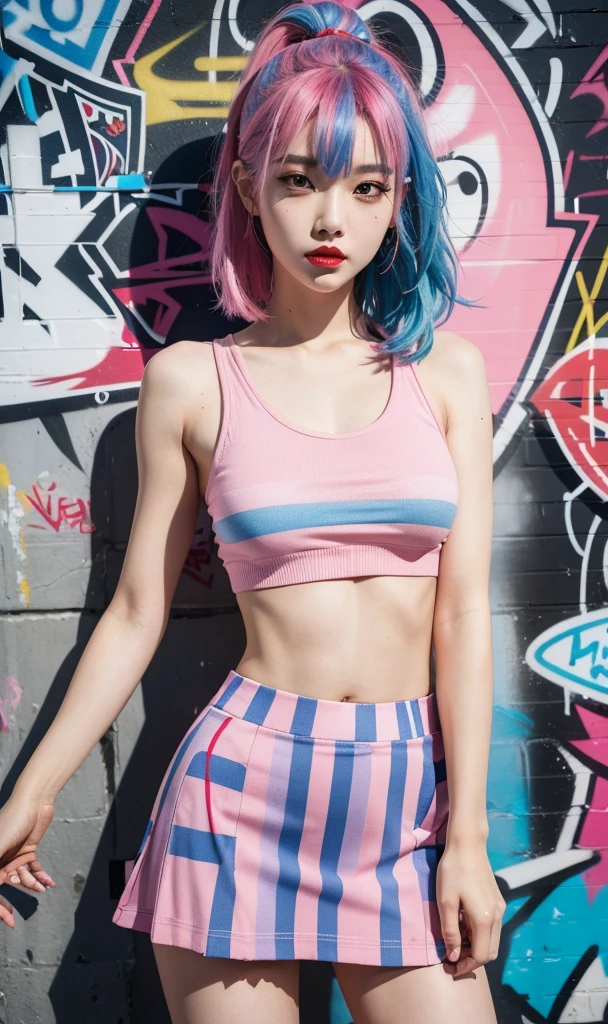 best quality, Clarity, 4k, 8k, detail, actual, a K-pop superstar 34 year old ultra sexual angelic horny and incredibly gorgeous supermodel mother bride Girl, Korean makeup, Red lips, pink and blue hair, Perfect body, thigh, stand, pose standing, medium chest, Graffiti crop top, Checkered striped skirt, Solid graffiti wall background, Graffiti art,