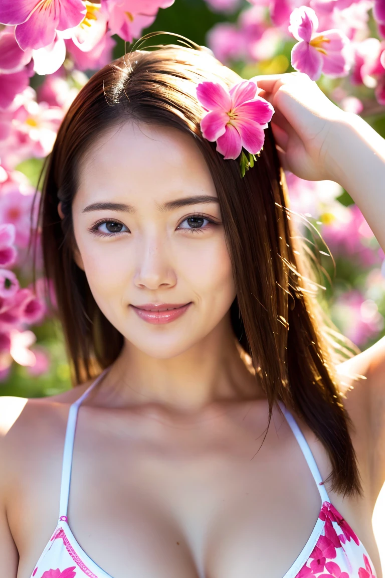 (Highest quality、Tabletop、8K、Best image quality)、1 female、(beautiful, Pure white skin:1.1)、Brown Hair、最もbeautiful笑顔が私を見ている、(Vibrant and bright pink floral bikini:1.1)、beautiful sea、Shining bright sea、澄んだbeautiful sea、Very clear sea、beautiful Hiroshi々Sandy Beach、beautiful surf edge、beautiful sunny sky、beautiful cumulonimbus clouds、(very bright and vivid:1.7)、(Shiny skin:1.1)、(Ultra-high resolution, 明るくbeautiful肌:1.7)、Ultra-high resolution beautiful teeth、Ultra HD Hair、Ultra-high resolution sparkling eyes、Natural Makeup、Accentuate your body lines、(Very 明るくbeautiful肌:1.1)、(Big Breasts:1.4)、Slender body、(Perfect Anatomy:1.1)、Sculptural installation、(Face close-up:1.4)、(large flowers on the head:1.1)