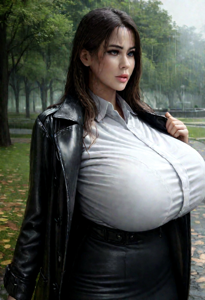 beautiful busty milf in Black Trench Coat, standing in a park, rainy day, photorealistic, masterpiece, cowboy_shot, giga_busty, black skirt, white shirts, 