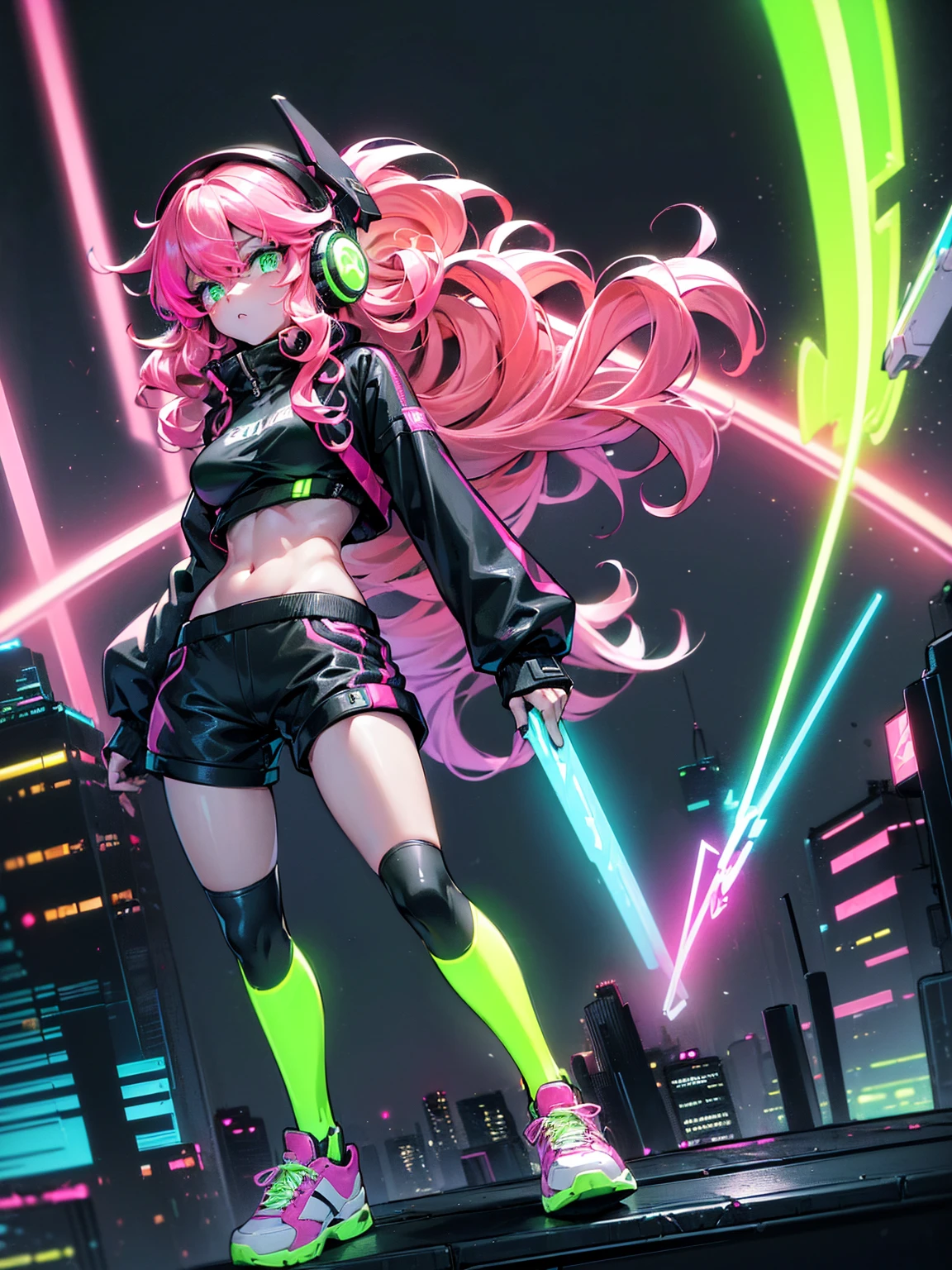 masterpiece:1.4, 1girl ((20year old, dressed in long sleeve shirt, tight black shorts, sneakers, medium breasts, multicolor pink hair, curly long hair, green eyes:1.4, Wearing headphones, standing on a balcony looking out at city:1.1 sci-fi skyline in background:1.1, neon and energetic atmosphere:1.2)) ((nighttime) ((wide camera angle)) ((solo:1.6))