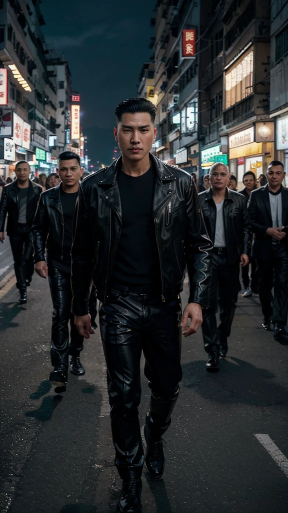 A handsome Hong Kong mafia boss is walking coolly with a gang of mafia, wearing a shiny black leather jacket, Undercut hair is combed neatly, night road background, real photo, professional photo, clear photo, realistic photo, full HD, 4k 