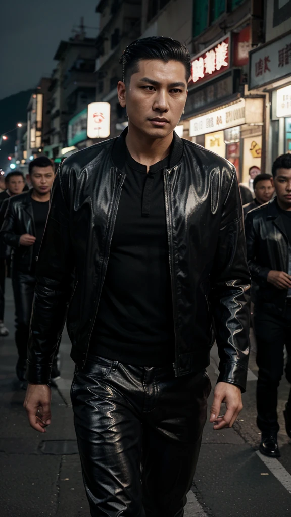 A handsome Hong Kong mafia boss is walking coolly with a gang of mafia, wearing a shiny black leather jacket, Undercut hair is combed neatly, night road background, real photo, professional photo, clear photo, realistic photo, full HD, 4k