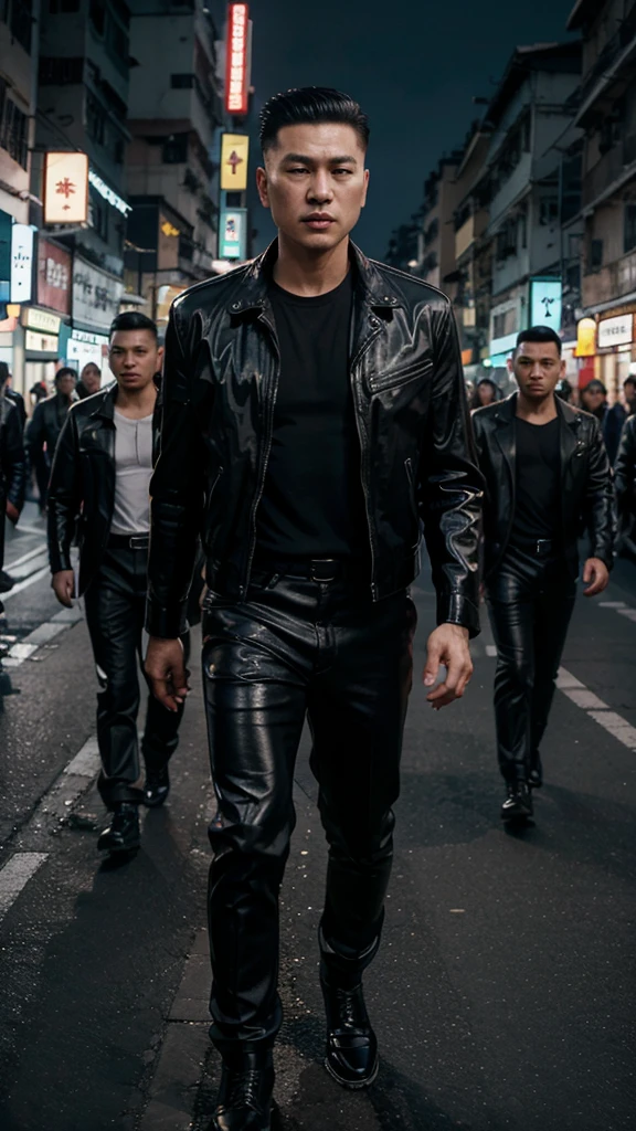 A handsome Hong Kong mafia boss is walking coolly with a gang of mafia, wearing a shiny black leather jacket, Undercut hair is combed neatly, night road background, real photo, professional photo, clear photo, realistic photo, full HD, 4k