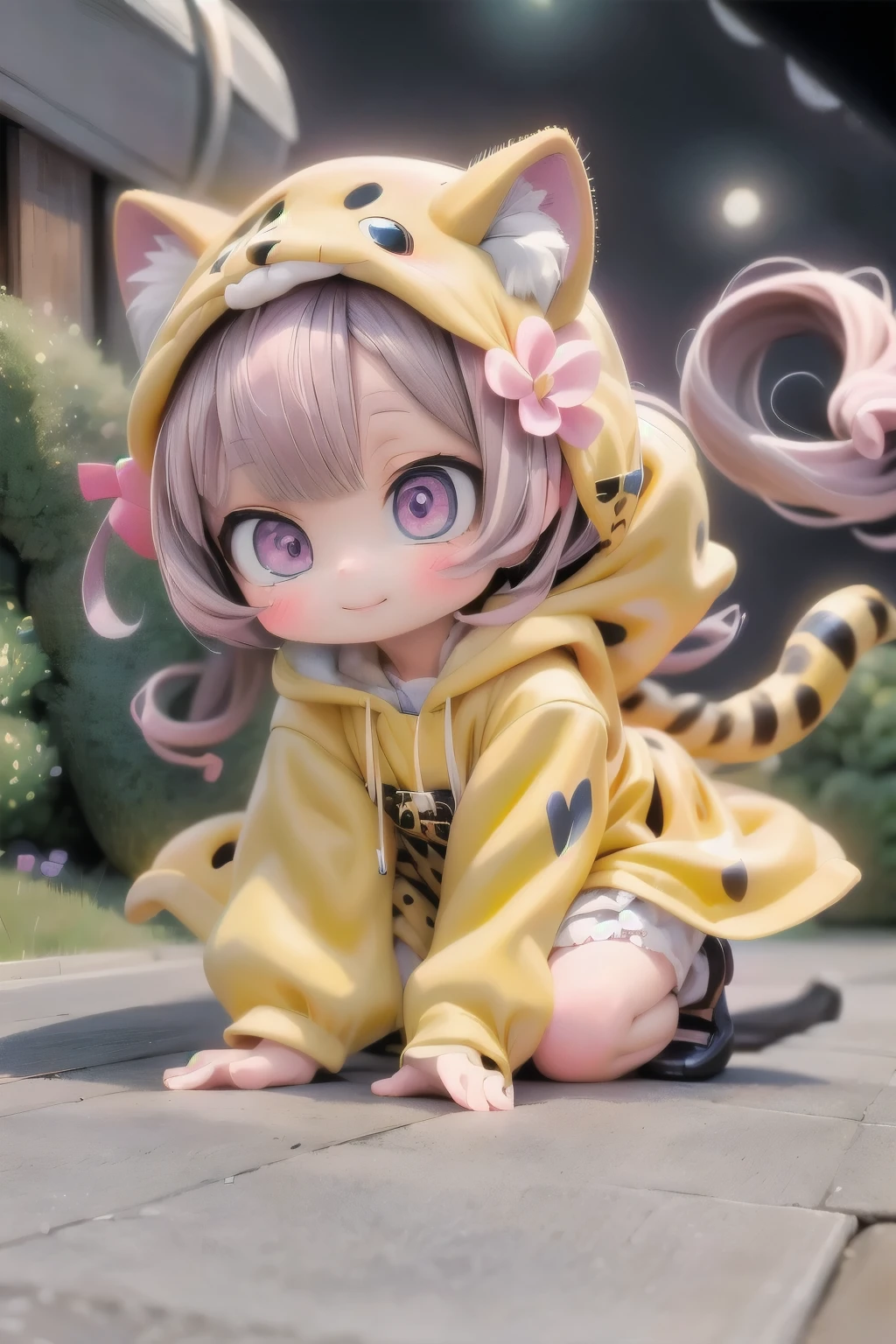 cute chibi girl smiling wearing a (cheetah kigurumi), cheetah girl, pumps, (playful pose), location garden at night, garden outdoors, starry sky, moon, angle from below