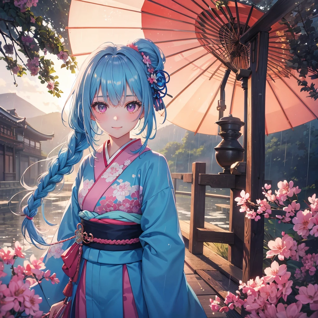 sky Blue hair, (braided ponytail),(pink eyes),fair skin ,(full body),(1 girl),smile,Straight Bangs,(masterpiece, best quality, ultra-detailed, best shadow), (detailed background), (beautiful detailed face), high contrast, (best illumination, an extremely delicate and beautiful), ((cinematic light)), colorful, hyper detail, dramatic light, intricate details,rain shower,kyoto,Japanese Umbrella,kimono,