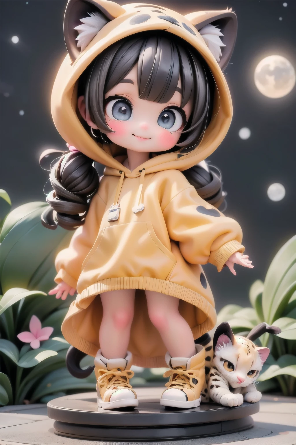cute chibi girl smiling wearing a (cheetah kigurumi), cheetah girl, pumps, (playful pose), location garden at night, garden outdoors, starry sky, moon, angle from below