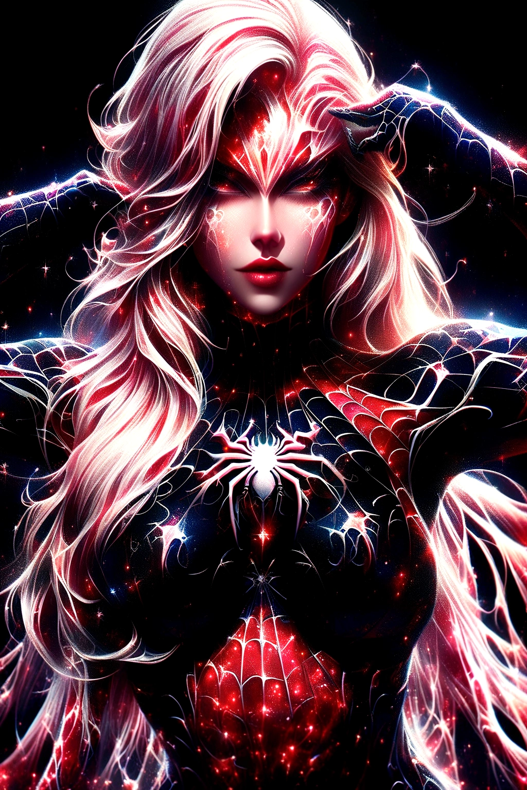 a close up of a woman in a spider - suit with long hair, extremely detailed artgerm, style artgerm, ( ( spiderwoman ) ), spider - gwen, spider-gwen, artgerm style, spider gwen, graphic artist artgerm, spider woman, in the style artgerm, artgerm detailed, trending artgerm