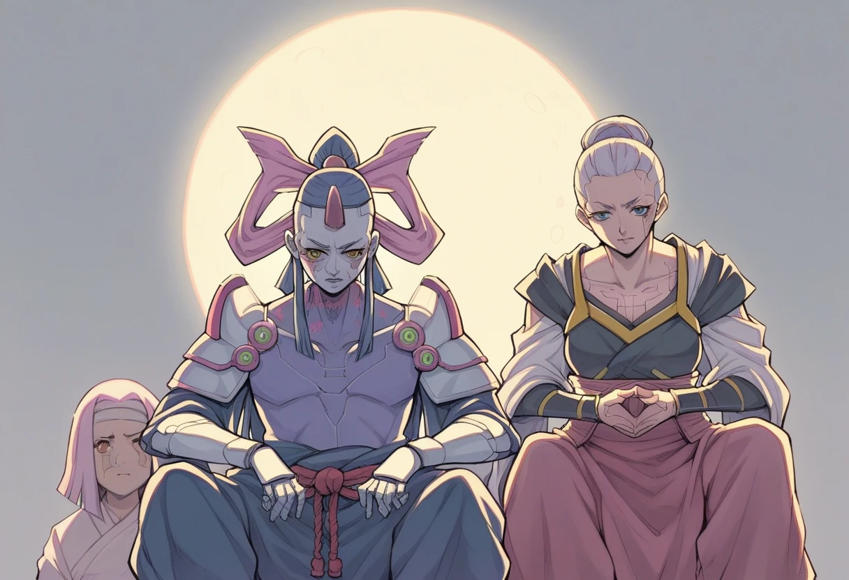 A samurai of Arafed sitting in lotus position with a full moon in the background, Moon Cow Samurai, very beautiful Cyberpunk Samurai, neon samurai, Cyberpunk Samurai, portrait of a Cyberpunk Samurai, cyborg samurai, Zen Meditation Cyberpunk, 鯉の鎧を持つwarriorの神, moon bear samurai, warrior, Cyber Japan Samurai Armor, demon warrior, warriorの甲冑を着た, Meditating Cyborg