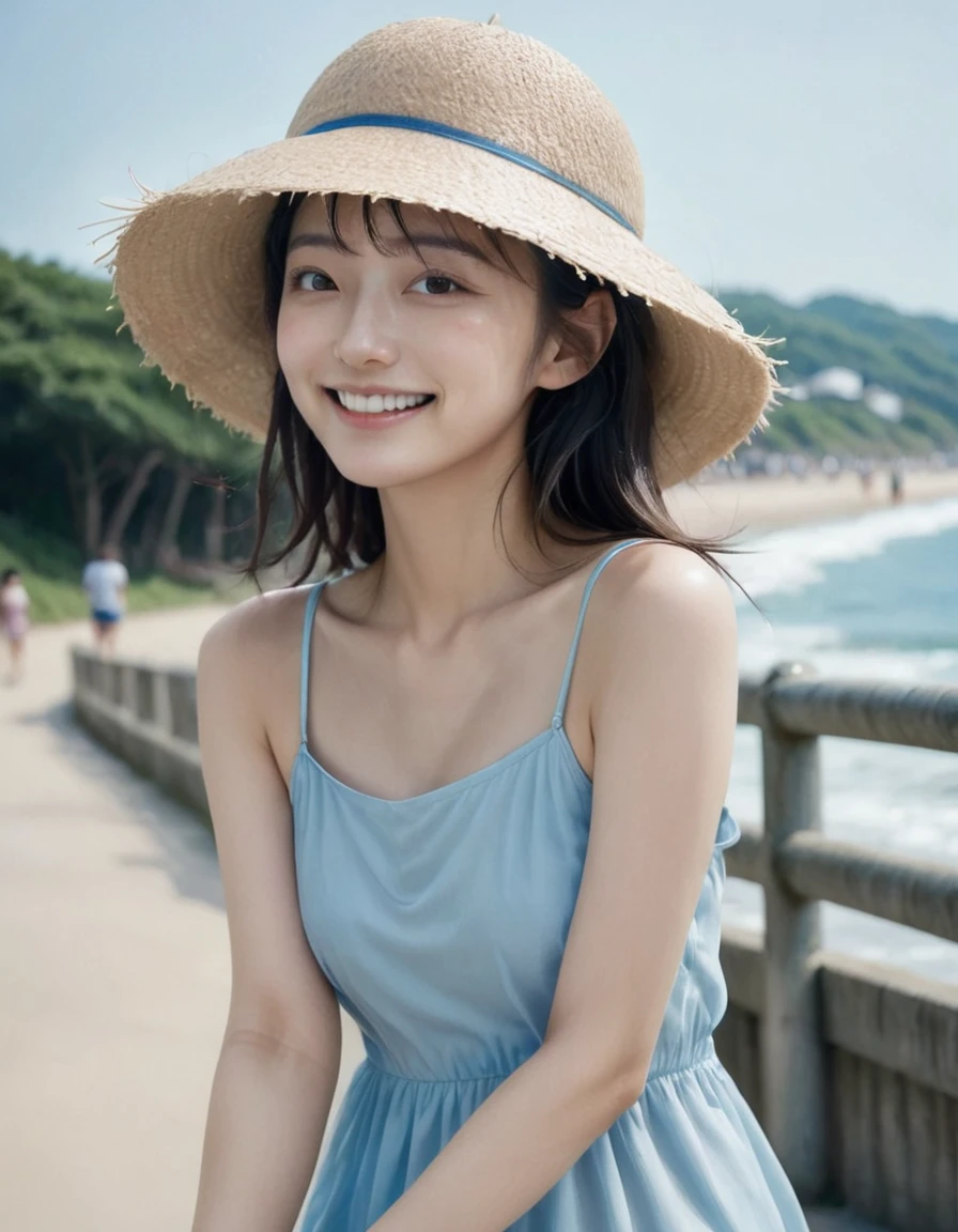 Depth of Field，Detailed details。film style，Realistic photos。Highly sensitive, high-grain film、Clear face。
The rest of the afternoon at the beach。Seaside waves splashing，The south wind blows slowly。
A Taiwanese woman rides her covered bicycle along the path next to the seaside。
Emoticon: Smile。
Women wearing straw hats，Sky blue sleeveless spaghetti strap mini dress。
A warm light illuminates women
