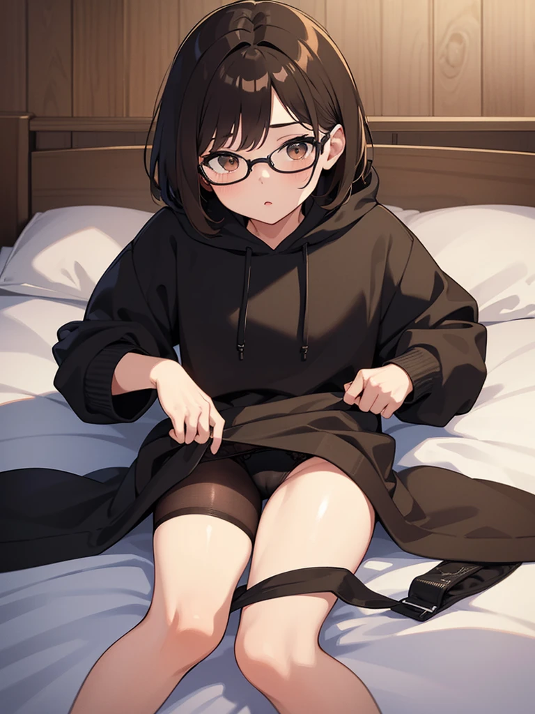 ((best quality)), ((masterpiece)), (detailed),(very cute), 1girl, short messy brown hair, glasses, brown eyes, small waist, big thighs, short black hoodie, very see through black underwear,laying on bed while wide open legs