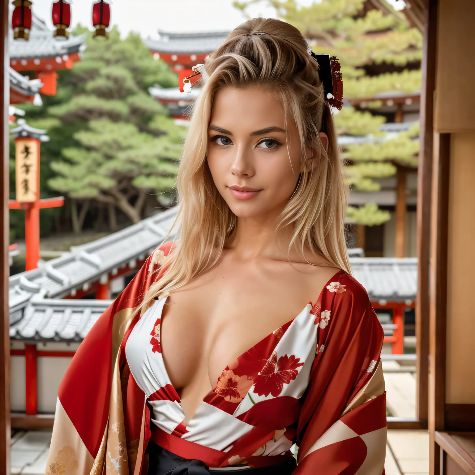 she is wearing red kimono 