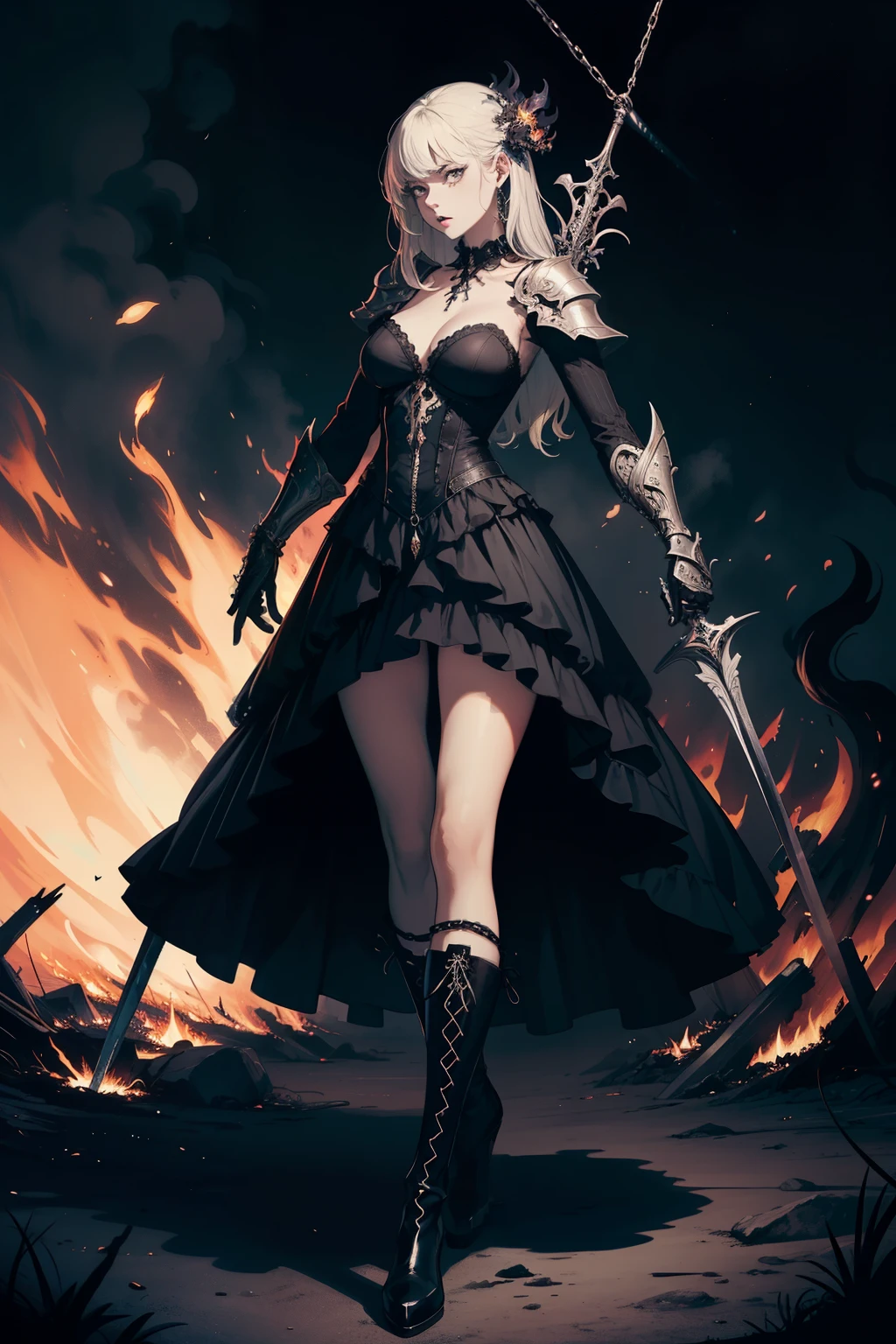 ((Finest quality)),(超A high resolution),(ultra-detailliert),(Meticulous portrayal),((Best Anime)),(Finest works of art),(Ultra-Precision Art),(The art of astounding depiction,Overwhelming depiction:1.5),(intricate and detailed art:1.6), (adult woman:1.5),(Hanging:1.6),Staring at this:1.4,sneering:1.5,(Armor shaped like a skeleton:1.3), (Black Flame:1.5), terrifying, nightmarish, cosmic horror, a heavenly female knight, biblical, very skinny, detailed, best quality, prominent collarbones, skinny arms, flat stomach, visible hip bones, dynamic poses, full body, red and white clothing, occult aesthetic, occult, detailed and intricate steampunk and detailed gothic, Fluttering lace flared long knee length dress with frilly petticoats, knee length dress, pleated petticoats, petticoats gothic, complex lace boots, gothic aesthetic, wielding a mighty sword with mechanical components, mandalas, full body, whole body, body, chains,