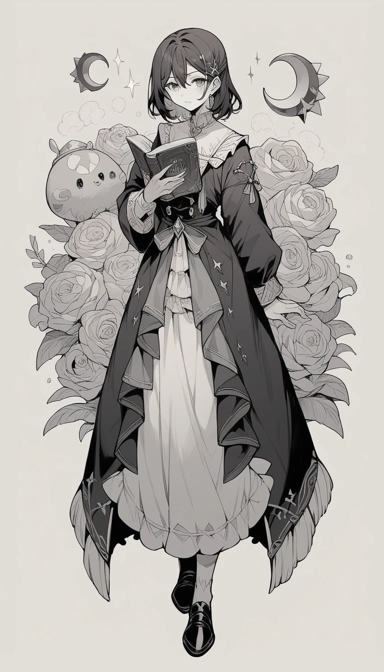 black and white, full body, live2D character, coloring book style