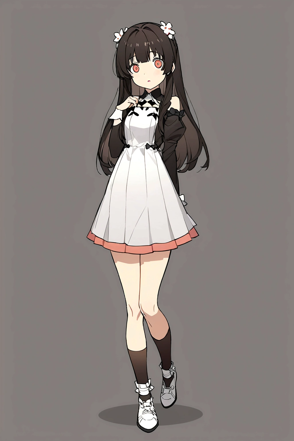 anime girl in a short dress and white shoes posing for a photo, anime girl wearing a black dress, anime full body illustration, Girls' Frontline style, fine-details. Girls' Frontline, from Girls' Frontline, cute anime waifu in a beautiful dress, full-length portrait of a short!, yandere. Cao Cao, Guweiz, dress loli