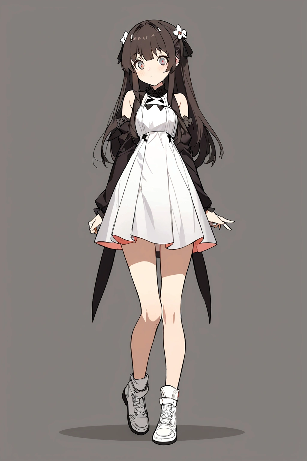 anime girl in a short dress and white shoes posing for a photo, anime girl wearing a black dress, anime full body illustration, Girls' Frontline style, fine-details. Girls' Frontline, from Girls' Frontline, cute anime waifu in a beautiful dress, full-length portrait of a short!, yandere. Cao Cao, Guweiz, dress loli