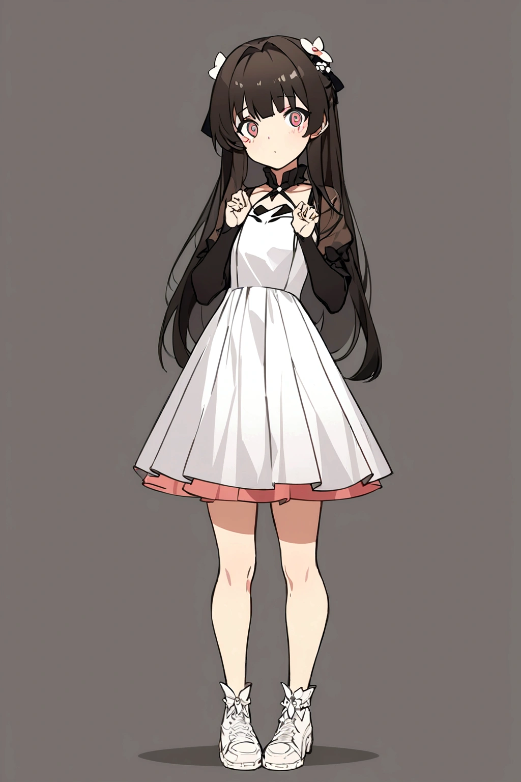 anime girl in a short dress and white shoes posing for a photo, anime girl wearing a black dress, anime full body illustration, Girls' Frontline style, fine-details. Girls' Frontline, from Girls' Frontline, cute anime waifu in a beautiful dress, full-length portrait of a short!, yandere. Cao Cao, Guweiz, dress