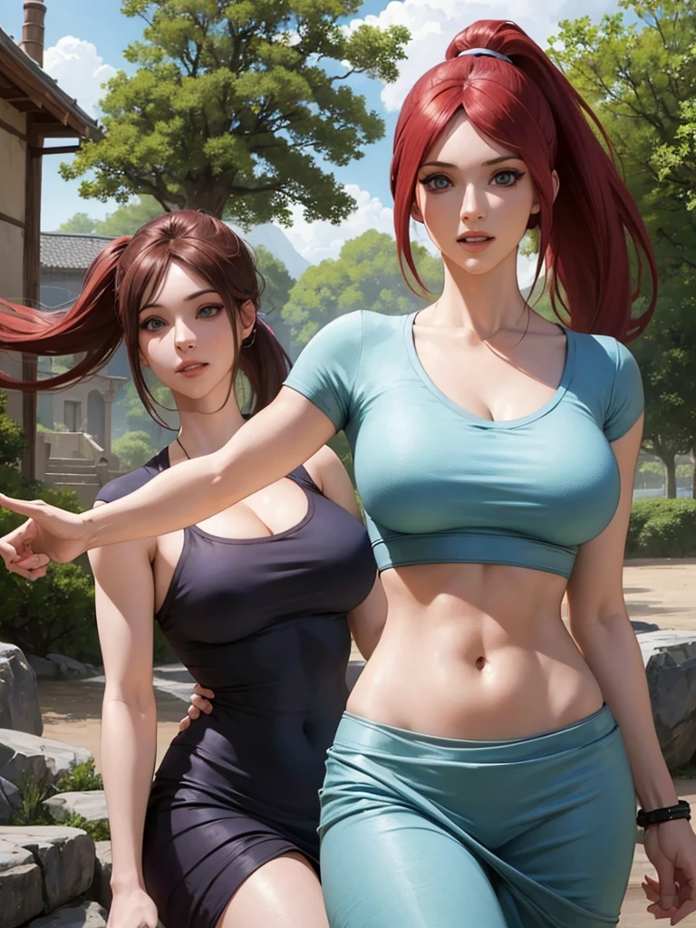 uzumaki_kushina, blue eyes,big breasts, medium thighs, medium ass, solo,  shirt,navel, cleavage,bellybutton,ponytail,tight dress, short skirts, masterpiece, best quality, detailed face, detailed eyes, highres, (masterpiece:1.4, best quality:1.2), (Highres), (Detailed Illustration), Ultra-Detailed, cheery trees, looking in front, smiling playfully with a mischievous glint in the eyes, standing 