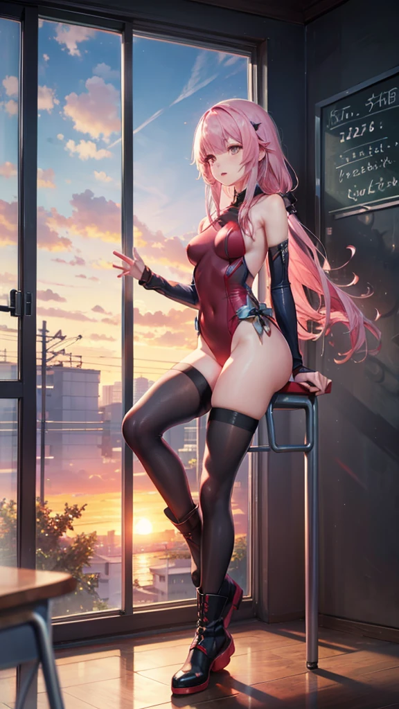 machine，Sit on a chair，classroom，sunset，Pink Hair，Long Hair，sing，leotard，High leg，boots，high resolution，