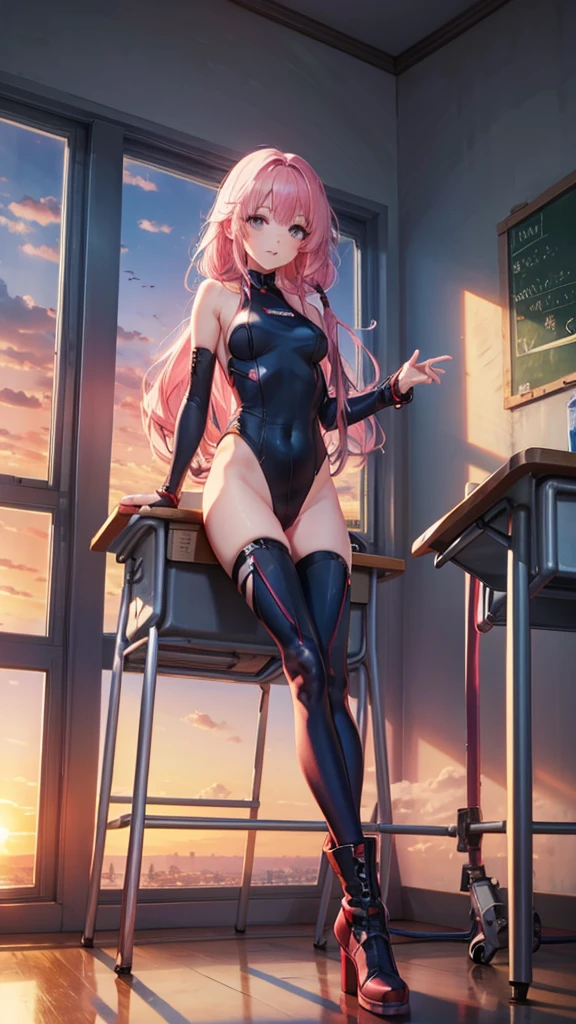 machine,Sit on a chair,classroom,sunset,Pink Hair,Long Hair,sing,leotard,High leg,boots,high resolution,
