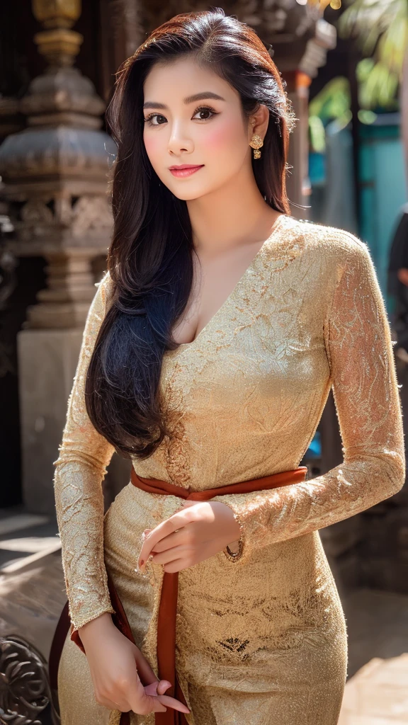 masterpiece, ultra realistic,32k,intricate details, sharp focus, realistic, closed, seductive pose, black eyes, jewelr, lips, realistic, looking_at_viewer, irene1, wet skin, shiny skin, long sleeves, indonesian clothes, bali, balinese, cityscape, dynamic pose, kebaya bali,full body,curvy body,long hair,beauty face,cowboy shot