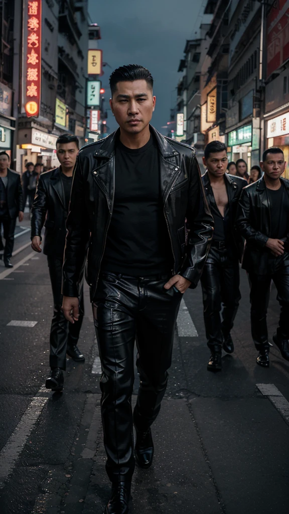 A handsome Hong Kong mafia boss is walking coolly with a gang of mafia, wearing a shiny black leather jacket, Undercut hair is combed neatly, night road background, real photo, professional photo, clear photo, realistic photo, full HD, 4k 