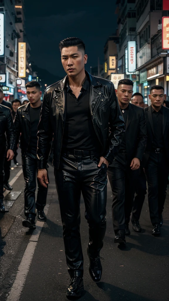 A handsome Hong Kong mafia boss is walking coolly with a gang of mafia, wearing a shiny black leather jacket, Undercut hair is combed neatly, night road background, real photo, professional photo, clear photo, realistic photo, full HD, 4k