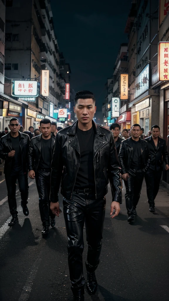 A handsome Hong Kong mafia boss is walking coolly with a gang of mafia, wearing a shiny black leather jacket, Undercut hair is combed neatly, night road background, real photo, professional photo, clear photo, realistic photo, full HD, 4k 
