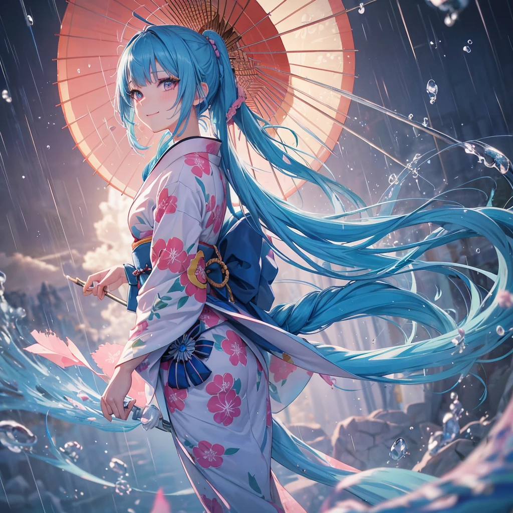 sky Blue hair, (braided ponytail),(pink eyes),fair skin ,(full body),(1 girl),smile,Straight Bangs,(masterpiece, best quality, ultra-detailed, best shadow), (detailed background), (beautiful detailed face), high contrast, (best illumination, an extremely delicate and beautiful), ((cinematic light)), colorful, hyper detail, dramatic light, intricate details,rain shower,kyoto,Japanese Umbrella,kimono,