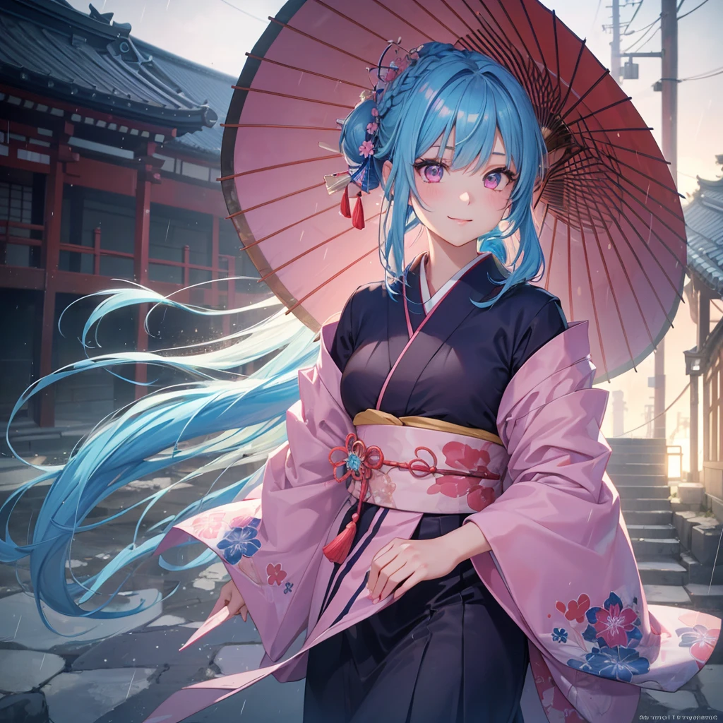 sky Blue hair, (braided ponytail),(pink eyes),fair skin ,(full body),(1 girl),smile,Straight Bangs,(masterpiece, best quality, ultra-detailed, best shadow), (detailed background), (beautiful detailed face), high contrast, (best illumination, an extremely delicate and beautiful), ((cinematic light)), colorful, hyper detail, dramatic light, intricate details,rain shower,kyoto,Japanese Umbrella,kimono,