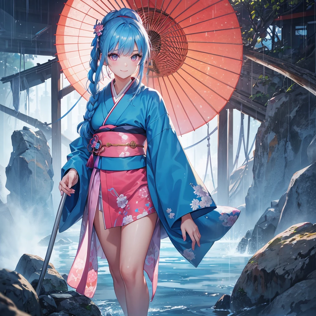 sky Blue hair, (braided ponytail),(pink eyes),fair skin ,(full body),(1 girl),smile,Straight Bangs,(masterpiece, best quality, ultra-detailed, best shadow), (detailed background), (beautiful detailed face), high contrast, (best illumination, an extremely delicate and beautiful), ((cinematic light)), colorful, hyper detail, dramatic light, intricate details,rain shower,kyoto,Japanese Umbrella,kimono,