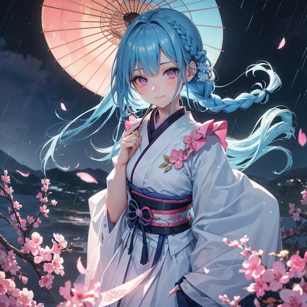 sky Blue hair, (braided ponytail),(pink eyes),fair skin ,(full body),(1 girl),smile,Straight Bangs,(masterpiece, best quality, ultra-detailed, best shadow), (detailed background), (beautiful detailed face), high contrast, (best illumination, an extremely delicate and beautiful), ((cinematic light)), colorful, hyper detail, dramatic light, intricate details,rain shower,kyoto,Japanese Umbrella,kimono,