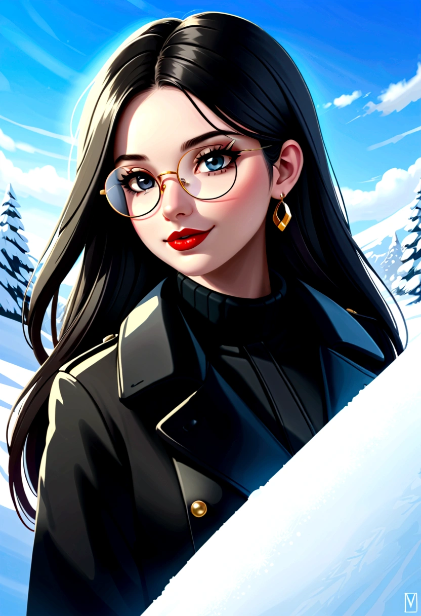 same,, 1 Girl, animal, animal on shoulder, bird, black eyes, Black Hair, blue Sky, clear Sky, earrings, Glasses hanging, Took off the glasses, Black trench coat, Jewelry, Long hair, looking off to the side, outdoor, Red lips, Sky, Smile, snow, Solitary, winter, winter clothes, , ((masterpiece))
