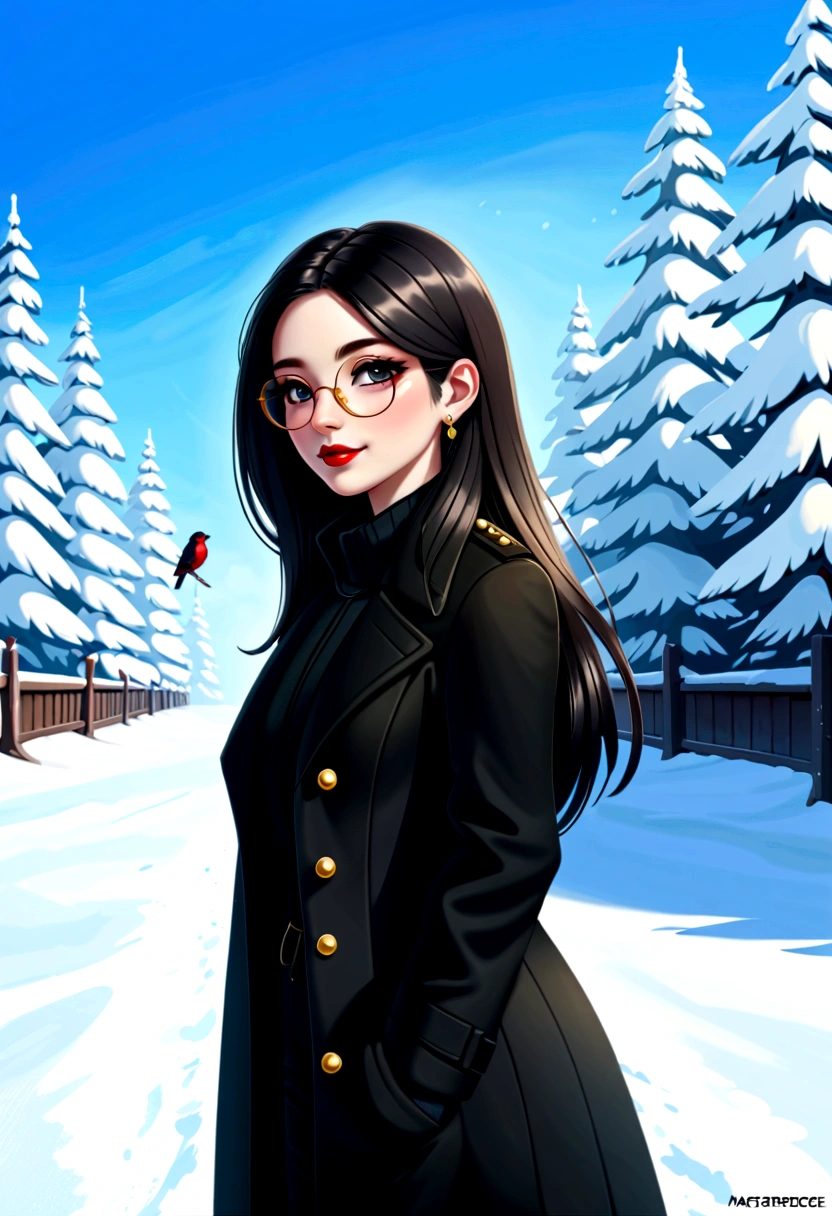same,, 1 Girl, animal, animal on shoulder, bird, black eyes, Black Hair, blue Sky, clear Sky, earrings, Glasses hanging, Took off the glasses, Black trench coat, Jewelry, Long hair, looking off to the side, outdoor, Red lips, Sky, Smile, snow, Solitary, winter, winter clothes, , ((masterpiece))