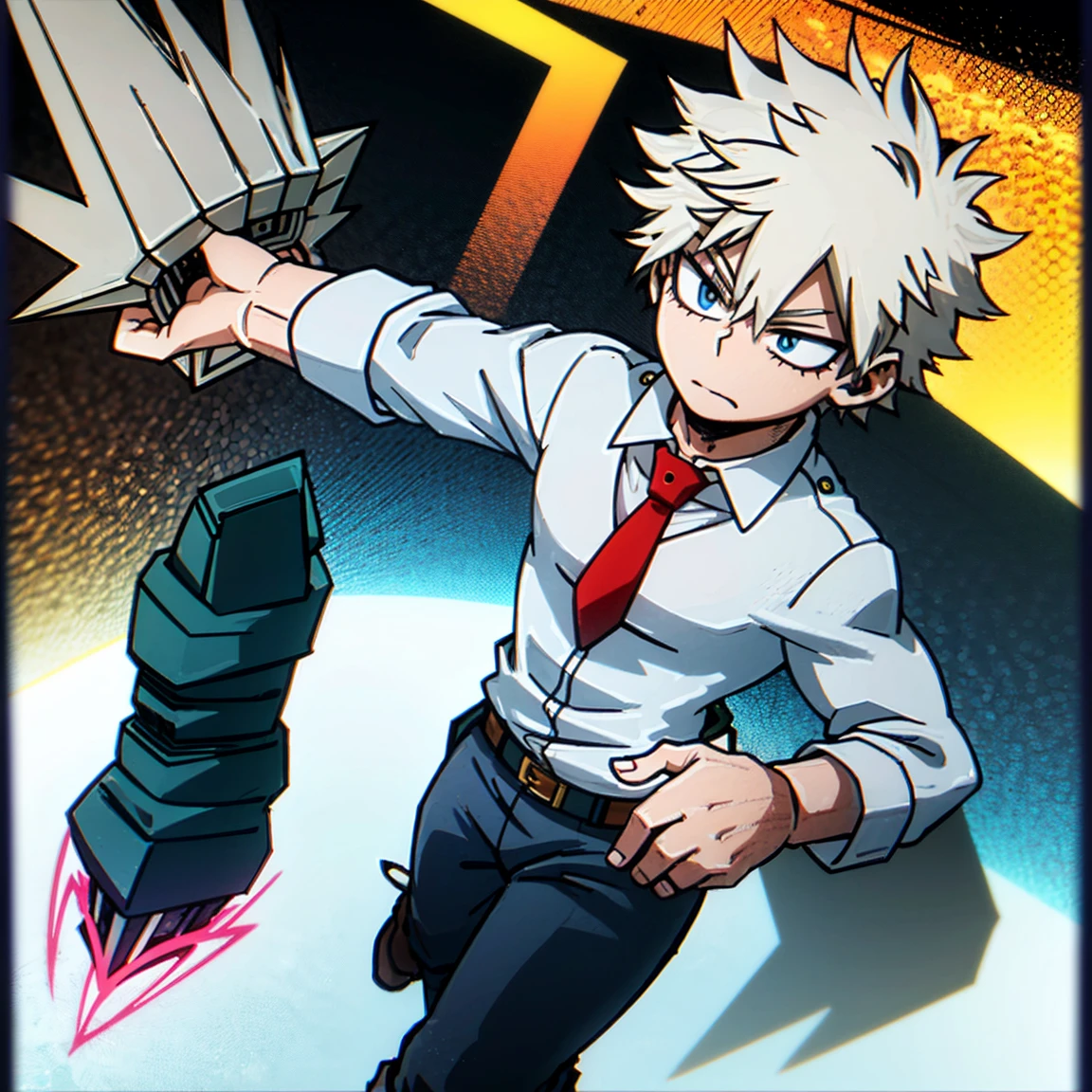 1boy, male focus, solo, muscular body, short hair, spiky hair, white hair, blue eyes, gray jacket, red tie, white shirt, teal pants, boots, handsome