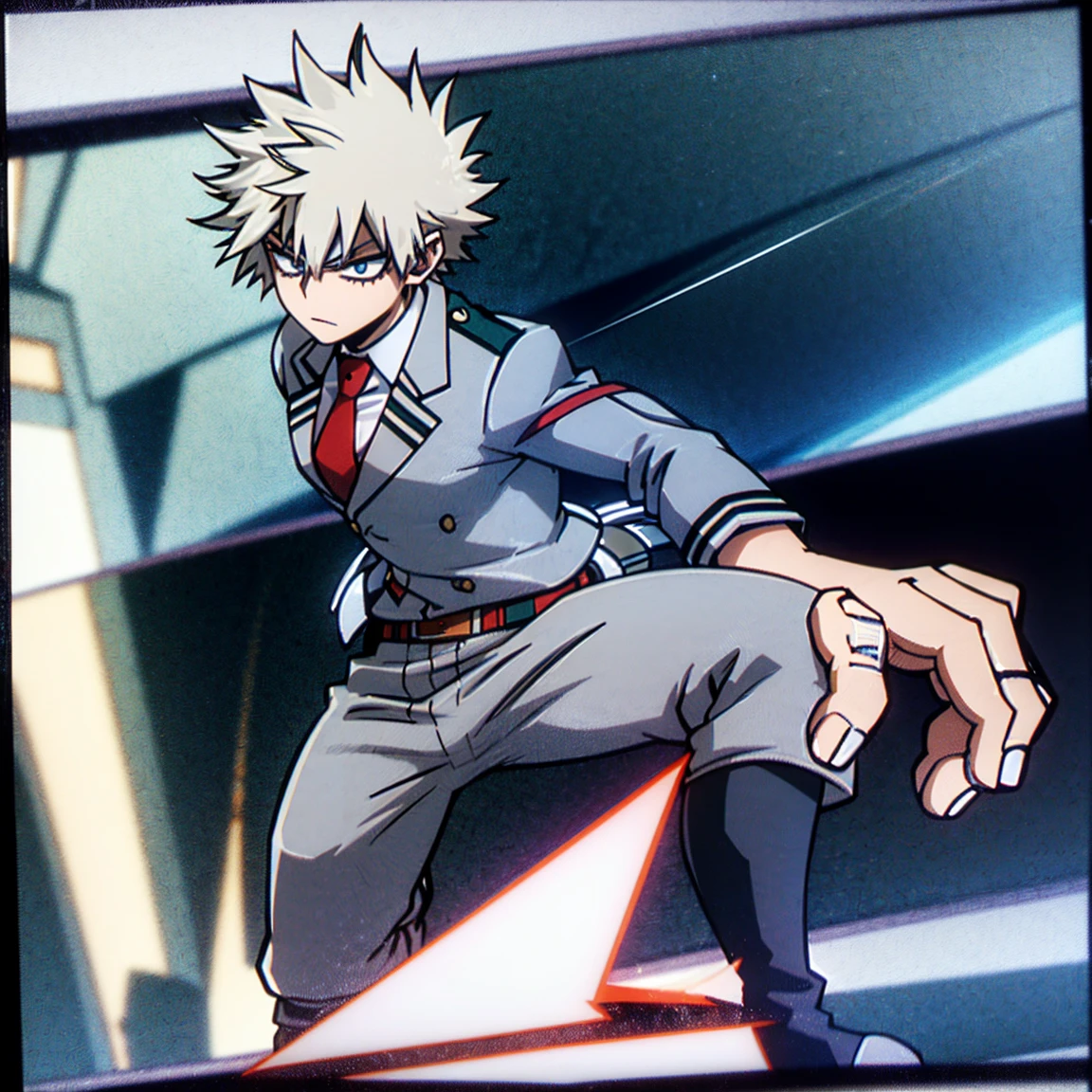 1boy, male focus, solo, muscular body, short hair, spiky hair, white hair, blue eyes, gray jacket, red tie, white shirt, teal pants, boots, handsome 