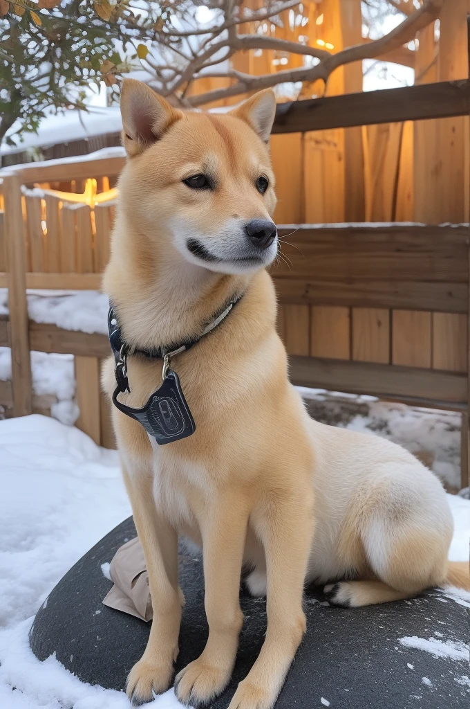 a Shiba Inu dog, adorned with a warm, orange scarf, sitting amidst a snowy environment. The dog appears to be enjoying the snowfall, with its eyes closed and a content expression on its face. Surrounding the dog are various objects, including a pot with a lid, some wooden utensils, and scattered autumn leaves. The overall ambiance of the image is serene and cozy, capturing the essence of a peaceful autumn day.
