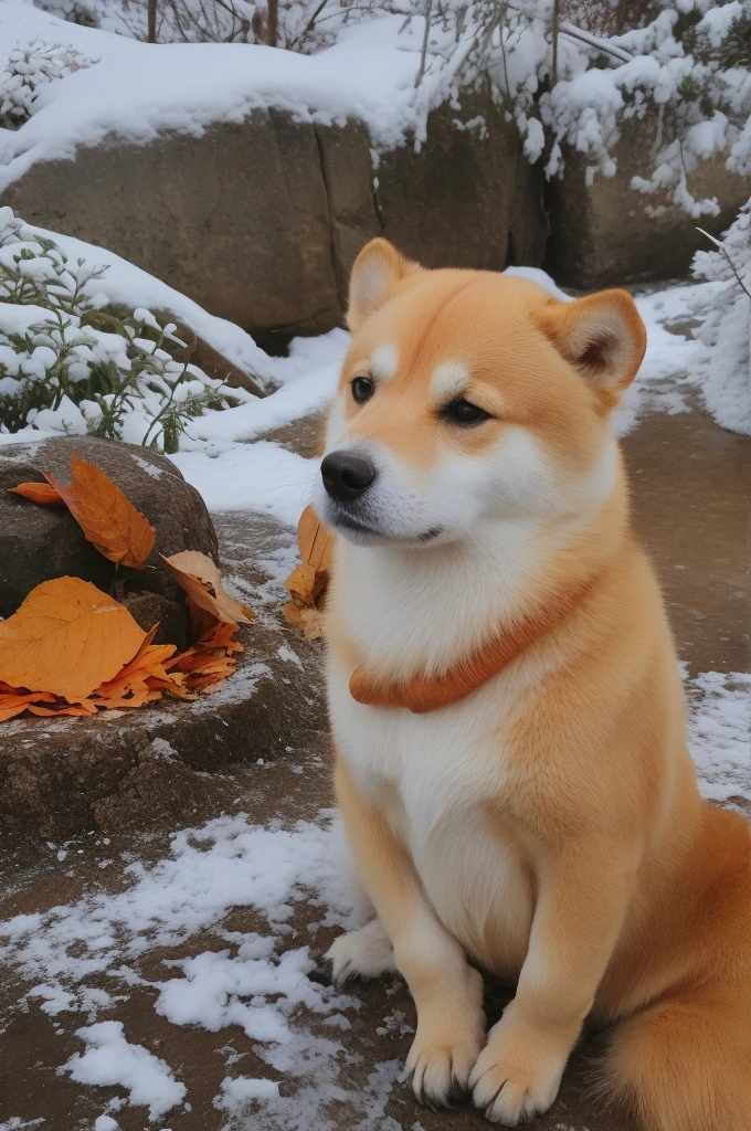 a Shiba Inu dog, adorned with a warm, orange scarf, sitting amidst a snowy environment. The dog appears to be enjoying the snowfall, with its eyes closed and a content expression on its face. Surrounding the dog are various objects, including a pot with a lid, some wooden utensils, and scattered autumn leaves. The overall ambiance of the image is serene and cozy, capturing the essence of a peaceful autumn day.
