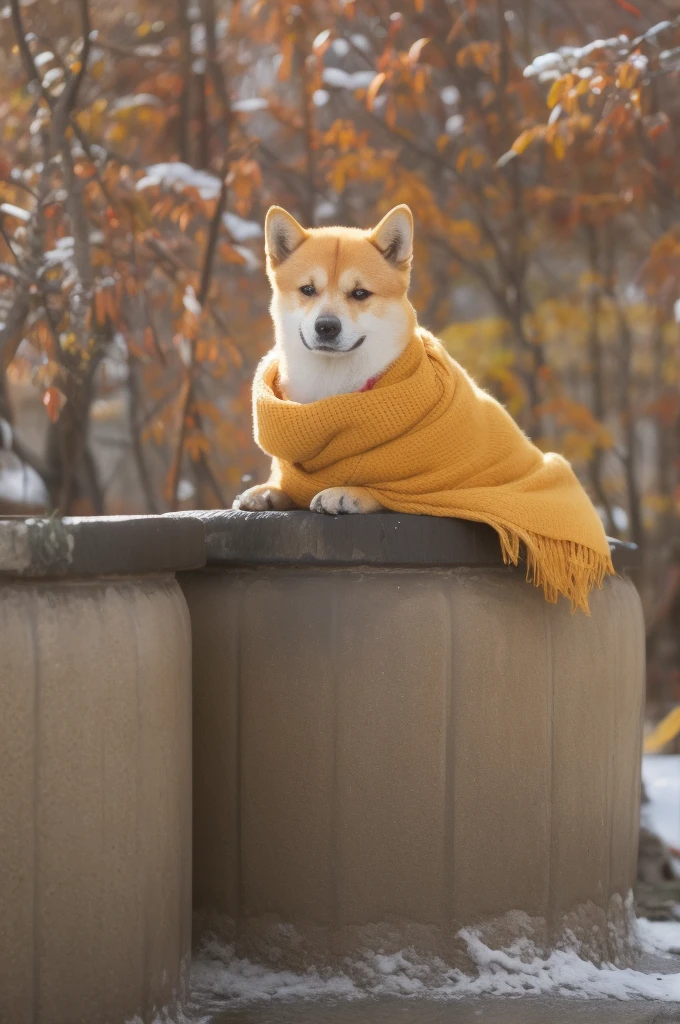 a Shiba Inu dog, adorned with a warm, orange scarf, sitting amidst a snowy environment. The dog appears to be enjoying the snowfall, with its eyes closed and a content expression on its face. Surrounding the dog are various objects, including a pot with a lid, some wooden utensils, and scattered autumn leaves. The overall ambiance of the image is serene and cozy, capturing the essence of a peaceful autumn day.
