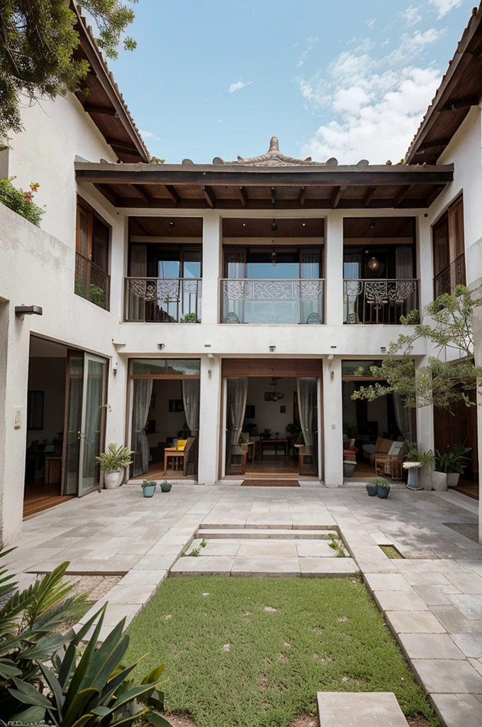 In the Vietnamese countryside, stands a picturesque house with a stunning exterior design. The walls, painted in a pristine white, exude a sense of elegance and purity. The wooden windows and roof tiles add a touch of traditional charm, perfectly complementing the modern architectural concept. As you step inside, the concrete floor greets your feet with its cool and solid embrace. 
The house is surrounded by a lush garden area, adorned with vibrant cacti plants that bring a splash of color to the serene landscape. But it is the open balcony terrace that steals the show, offering a tranquil space for relaxation or socializing during the day. Here, one can bask in the warmth of the sun's embrace or enjoy the gentle caress of the breeze