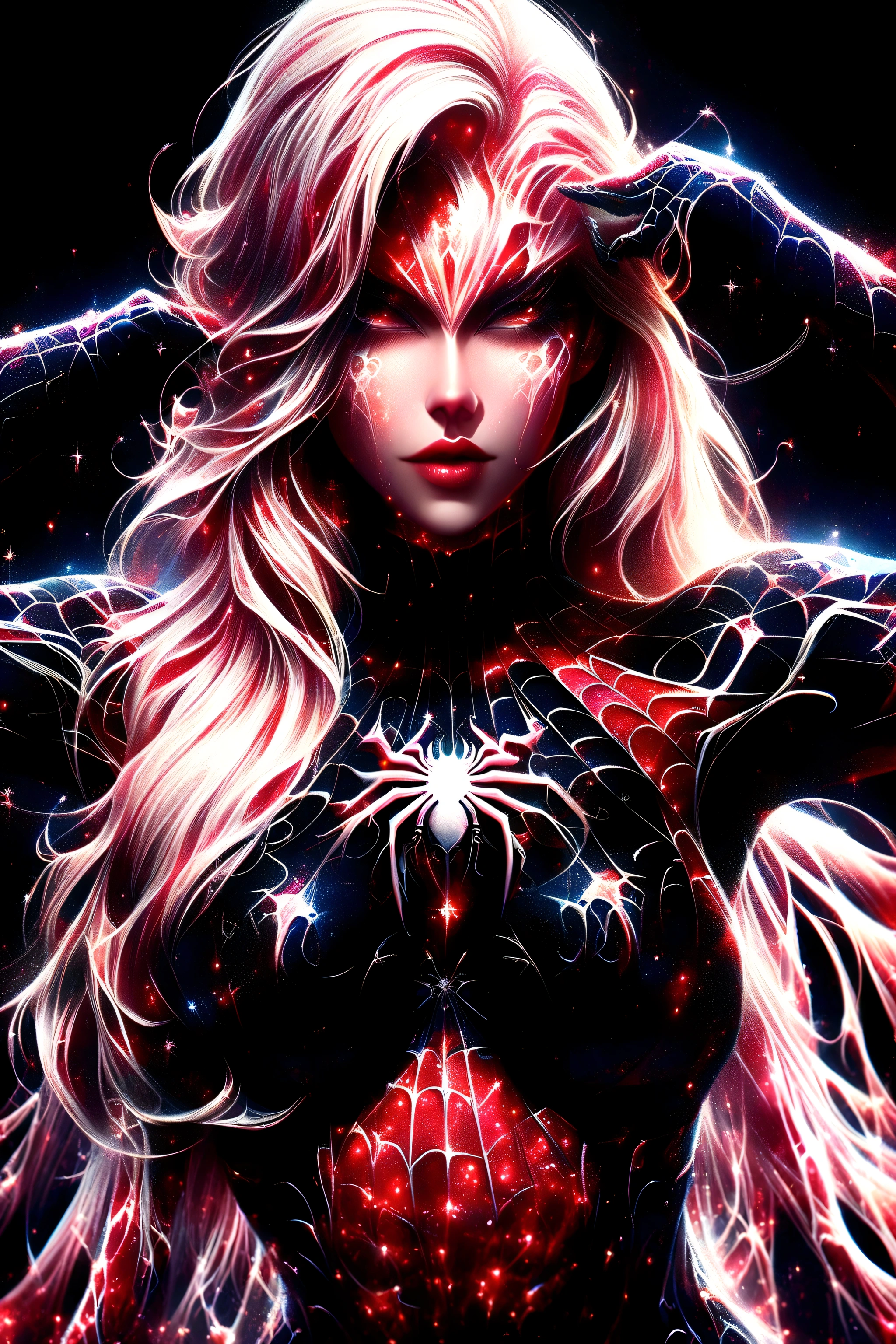 a close up of a woman in a spider - suit with long hair, extremely detailed artgerm, style artgerm, ( ( spiderwoman ) ), spider - gwen, spider-gwen, artgerm style, spider gwen, graphic artist artgerm, spider woman, in the style artgerm, artgerm detailed, trending artgerm