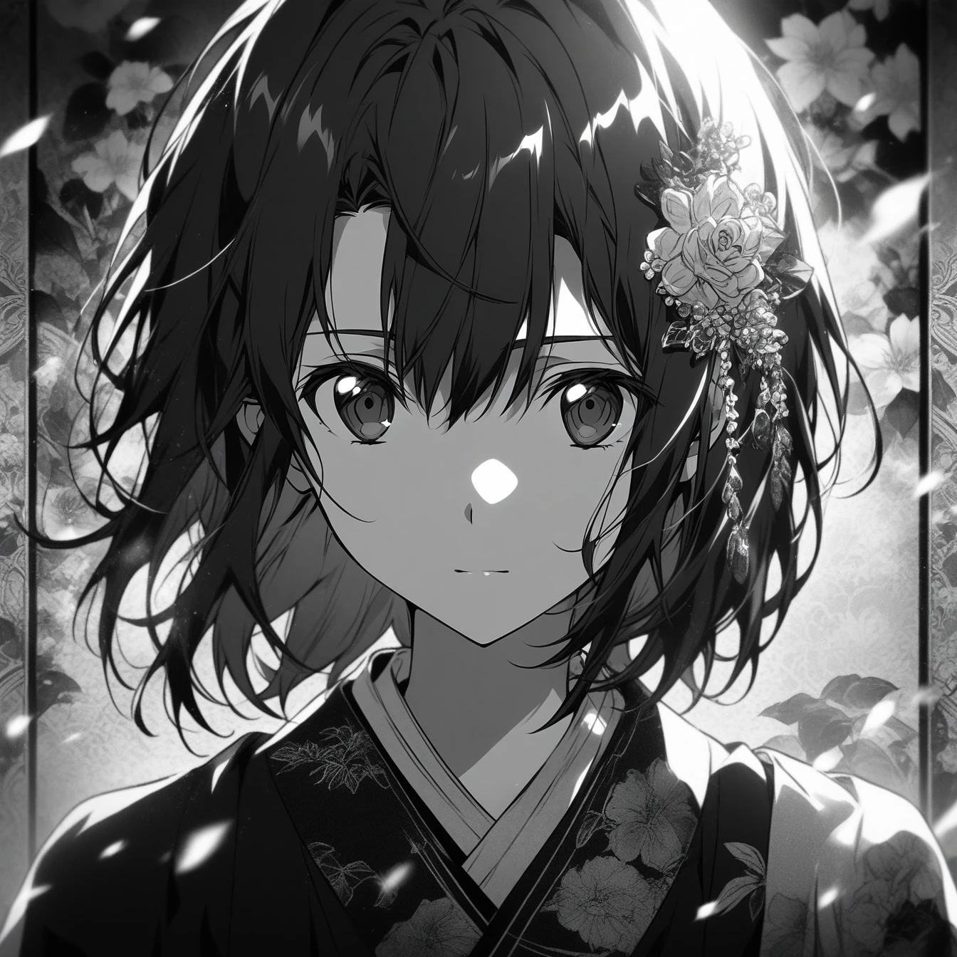 Beautiful anime portrait,Black and gray monochrome,Oriental Wallpaper,Pink,Feeling,very anime style,1girl, Kazuto Kiritani, Sword Art Online,Flowers,Close-up,Soft Light,Rich in details,The expression is firm,Kimono decoration,Background blur,Vivid colors,情Feeling深沉,front,Black eyes