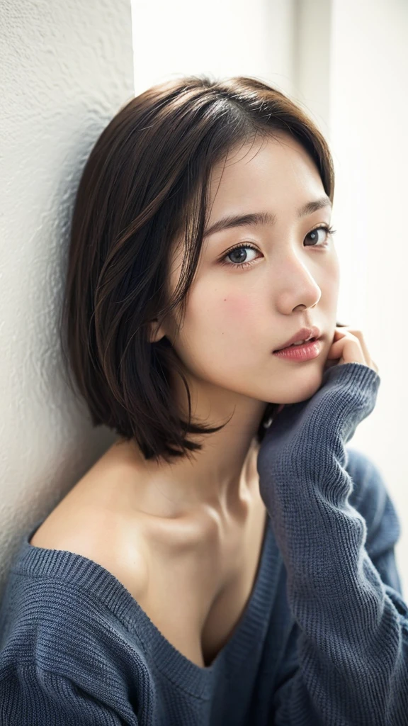 white wall、Taken in front of the white door、(A room with a white wall and a window)、shot in natural light、Highly detailed facial and skin textures、very delicate lips、The correct state of the human body、ultra high resolution、(Realism:1.4)、highest quality, 1 beautiful woman, 28 years old, s, 35mm lens、light blue knit、(Dark brown medium short hair cat)、A black-haired one、Japanese woman with bob、(Dark brown hair)、various postures、Don't look at the camera、contour、natural color lips、autumn clothes、winter clothes、 necklace