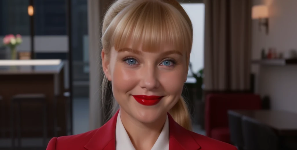 1woman, blonde hair, blue eyes, red lipstick, high long ponytail, red blazer, white shirt, happy, smiling, early 40s, round face, ((chubby cheeks)), bangs, Facing forward