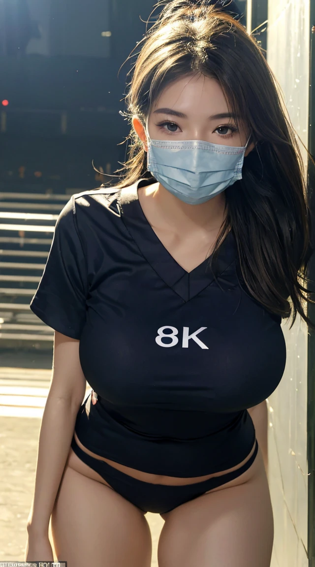 ((Best quality, 8k, Masterpiece :1.3)), 1girl, beautiful woman with emphasis on plump abs: 1.3, full body, detailed face, long hair, from below, seductive pose, beautiful, (wolf cut long hair, big breasts: 1.2), tight volleyball uniform: 1.2, ultra-delicate face, delicate eyes, double eyelids, wear a face mask, (surgical mask, wearing a mouth mask, a mask fit his face: 1.2), home, volleyball uniform wear, random color clothes, wearing a round glasses, gym Background,