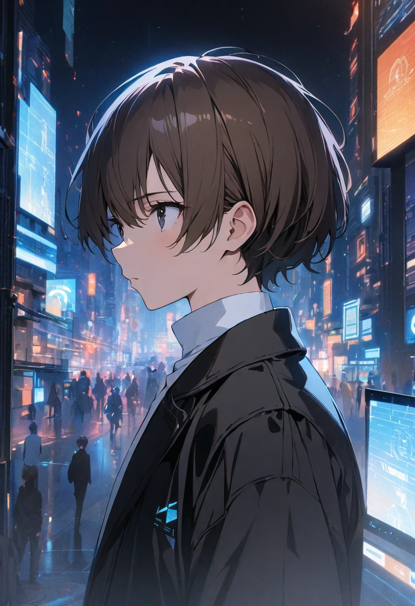 (BEST QUALITY), (MASTERPIECE), illustration, Extremely_detail, 4k wallpaper , midnight, man, black jacket, white T-shirt, black jeans, 18 years old , brown Hair, short hair, black eyes, , blue holographic, smart, Background of the city
