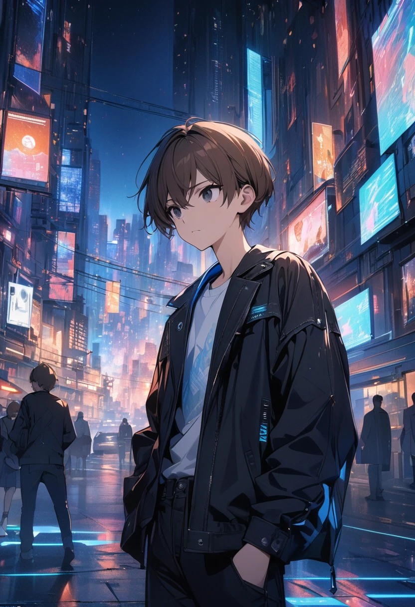 (BEST QUALITY), (MASTERPIECE), illustration, Extremely_detail, 4k wallpaper , midnight, man, black jacket, white T-shirt, black jeans, 18 years old , brown Hair, short hair, black eyes, , blue holographic, smart, Background of the city